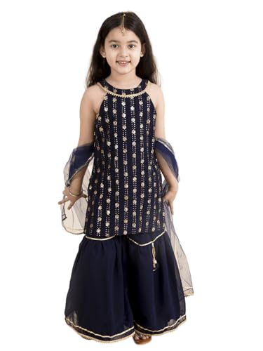 Pspeaches Girl's Polyester Kurta & Sharara (Sha-Navyblueseq-5_Navy
