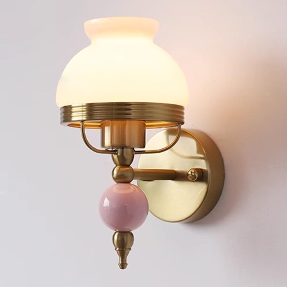 JYBNBBE French Retro Gold Wall Sconce, 24.5in Metal and Glass Bedside Lamp, Vintage Lighting Fixture for Bedroom, Living Room, Hallway,Pink