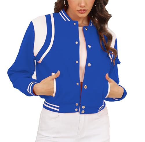 Womens Bomber Varsity Jacket Casual Long Sleeve Letterman Shacket Button Down Cropped Baseball Outerwear