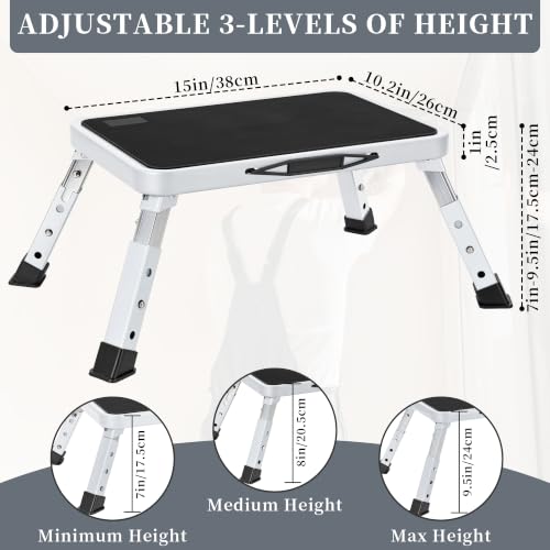 BQKOZFIN Folding Step Stool, 15'‘ x 10.2’' Adjustable Height Step Stool with Non-Slip Rubber and Handle, Suitable for RVs, Bathrooms, Kitchens, and Bedside Use, Supports up to 330 lbs (White) by BQKOZFIN - Image 2