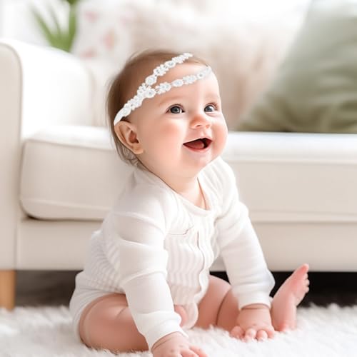 2 Pack Baby Girl White Flower Christening Headbands with Cute Tulle Pearl Hair Strap Elastic Headband, Soft Turban Hair Accessories Set of 2, for Newborns Infants Toddlers3