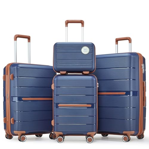 4-Piece Lightweight Expandable Luggage Sets–Durable PC Hardshell,Carry-On 21in, 29in Expands 20%, Adjustable 3-Level Aluminum Handle,TSA Lock,360° Spinner Wheels&Organized Interior (Blue)