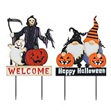 YEAHOME Halloween Decorations Outdoor, Death Ghost & Gnomes Pumpkin Decorative Garden Stakes, Welcome Happy Halloween Metal Yard Signs for Outside Garden Lawn Porch Pathway Decorations, Set of 2