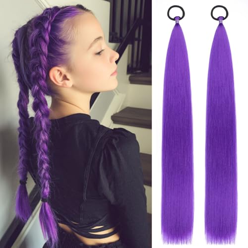 Purple Ponytail Extension for Women Girls, 2 Pack Braided Hair Extensions with Tinsel, 26 Inch Colorful Synthetic Ponytail Extension with Elastic Tie for Daily Cosplay & Dress Up Party