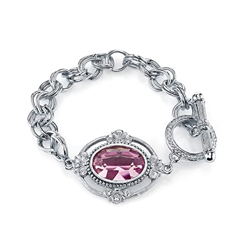 1928 Jewelry Women's Oval Lux Crystal Silver Toggle Link Bracelet