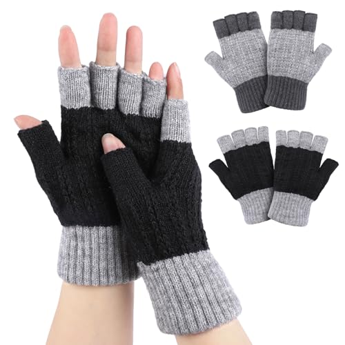 Kiiwah 2 Paar Winter Handschuhe Herren und Damen mit Fleecefutter, Farbabstimmung Halbfingerhandschuhe Strick Fingerlose Handschuhe für Arbeit, Sport, Winterliche Outdoor Aktivitäten