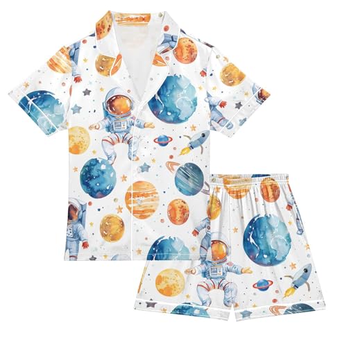 ALAZA Astronaut Planet Starry Solar System Pajamas Satin Pajama Set Short Sleeve Button Down Sleepwear