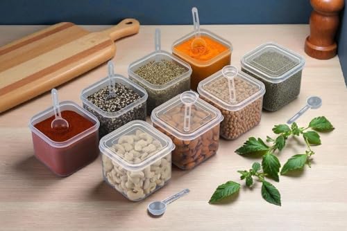 Image of Arto 6-Piece Airtight Food Storage Containers Set (500ml) with Spoons - BPA Free, Clear Square Plastic Jars for Kitchen & Pantry Organizer | Masala, Spices, Dry Fruits, Cereals | Leak-Proof, Stackable
