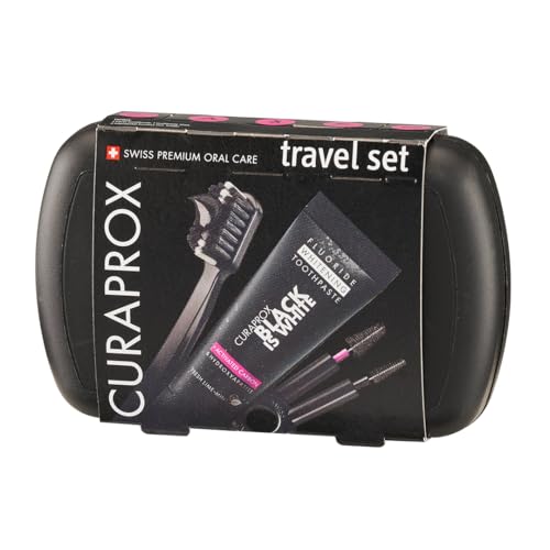 Curaprox Set Di Spazzolini Da Viaggio | Per Lo Sbiancamento Dei Denti in Viaggio | Edizione Black is White | Include Dentifricio, Spazzolino E Scovolini Interdentali
