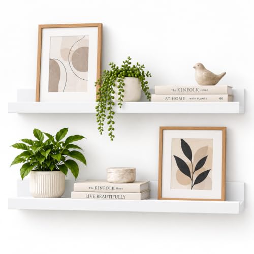 Greenco Picture Shelf, Set of 2 Wall Mounted Photo Ledge Floating Shelves for Bedroom, Living Room, Kitchen, Bathroom, Nursery Display, White Finish