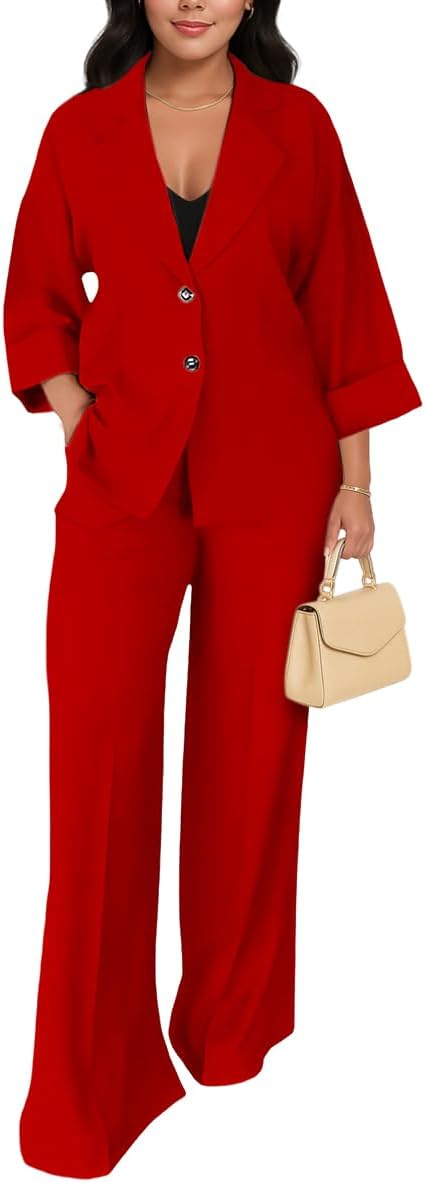 knowfashionstyle Womens Suits 2 Piece Casual Pants Sets Long Sleeve Blazer and Wide Leg Pant Outfits Work Suit with Pocket