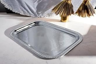 Maro Megastore 20.7-Inch x 14-Inch Oblong Rectangular Trim Floral Pattern Engraved Catering Chrome Plated Serving Plate Mirror Tray Platter Multi-Purpose Party Art Deco (Silver-Large) T156l-4pk