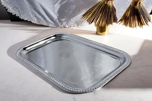 Maro Megastore (Pack of 4) 52.5 cm x 35.5 cm Oblong Rectangular Trim Floral Pattern Engraved Catering Chrome Plated Serving Plate Mirror Tray Platter Party (Silver-Large) T156l-4pk