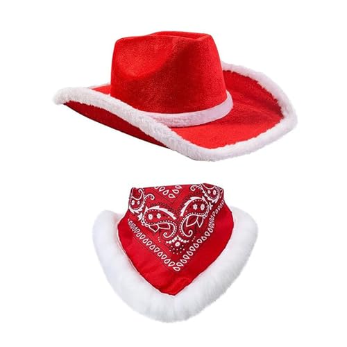NONGYU Juego de sombrero de vaquera y pañuelo para Navidad con ala blanca peluda, sombreros de Navidad para despedida de soltera para niños