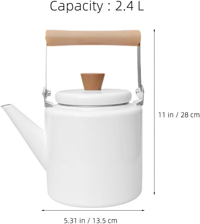 VOSAREA Enamel Tea Kettle with Wood Handle, 2.4L Enamel Teapot Water Heating Kettle Handheld Water Kettle Vintage Coffee Pot for Stovetop, Hot Water White