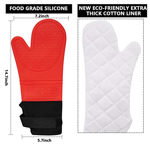 Silicone Oven Mitts With Adjustable Cuff, Roomyroc Oven Mitt With Non-Slip Grip And Thicker Liner, Heat Resistant Pot Holders, Extra Long Professional Soft Flexible Oven Gloves, Red, 1 Pair, 14.7 Inch #TOP2