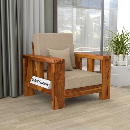Image of Solid Sheesham Wood Single Seater Sofa Chair for Living Room - Single Sofa Chair Wooden Sofa Single Seater with Comfortable Cushion Seating (Honey, Haney 1 Seater)