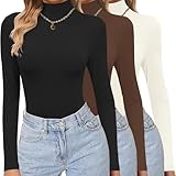 Ekouaer Turtleneck Shirts for Women 3 Pack Long Sleeve Mock Tops Basic Layering Thermal Black/Brown/Beige Medium