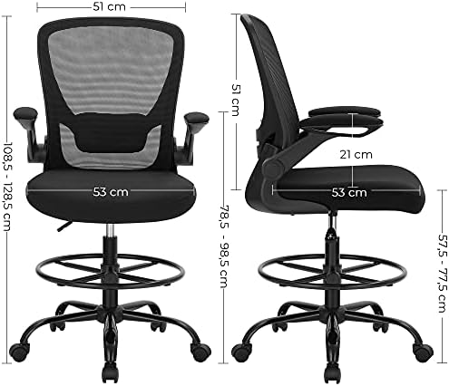 SONGMICS Drafting Chair with Flip-up Armrests, Mesh Office Chair, Ergonomic Painting Chair with Height Adjustable Lumbar Support and Footrest, for Standing Desk, Bar Counter, Black OBN026B02