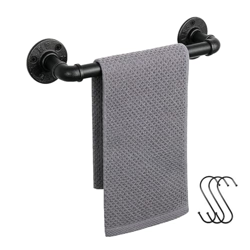 Jeasor Industrial Pipe Towel Rack Towel Bar, Heavy Duty Wall Mounted Rustic Farmhouse Bath Towel Holder for Bathroom (Black, 12 inch)