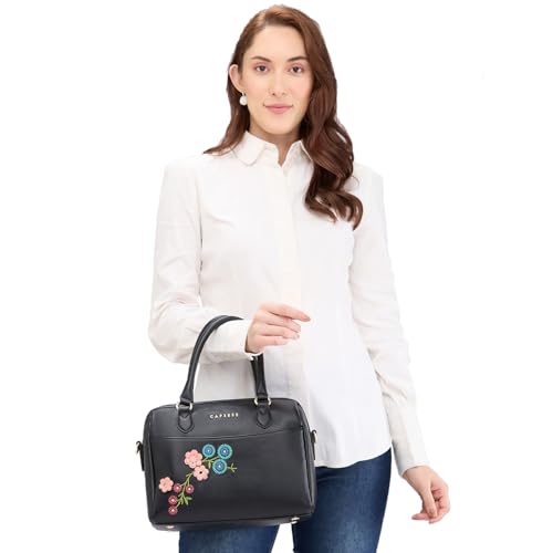 Image of Caprese Erica Satchel, Black-Medium | Sleek Embroidered Handbag for Women with Secure Top Zip | Multiple Compartments | Perfect for Casual & Daily Use