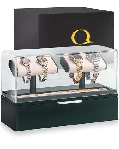 QWATCH Watch Stand Display Case - Acrylic Watch Box for 2 or 4 Watches with Jewelry Valet Tray and Drawer