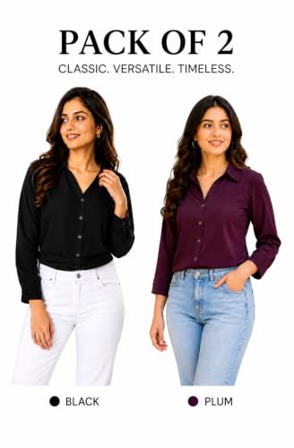 Image of FUNDAY FASHION Women Solid Regular Fit V Collered Casual Shirt (Pack of 2)