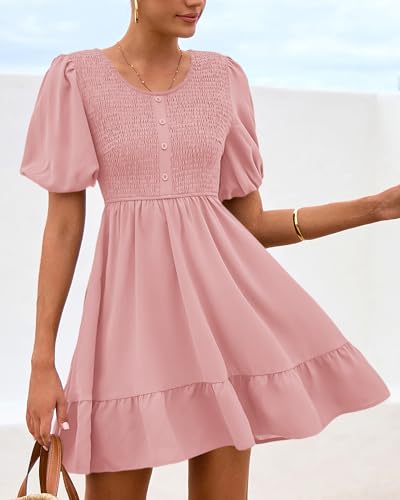 BTFBM Spring Empire Waist Dress for Women 2025 Summer Smocked Crewneck Puff Short Sleeve Beach Vacation Mini Dresses2