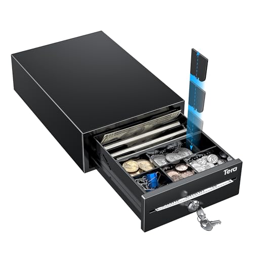 Tera Cash Register Drawer 8" Mini: 4 Bill 6 Coin Small Cash Drawer Auto Open with Media Slot 24V RJ12 Cable for POS System Key-Lock Removable Coin Separators for Small Business Retail Counter 208 by Tera - Used condition - US$30.39