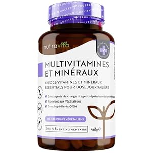 Multivitamines et Minéraux pour 12 Mois – 365 Comprimés Végan – 26 Nutriments dont Zinc, Vitamines A B C D3 E K – Complexe Haute Absorption Vitamines pour Homme et Femme – Fabriqué par Nutravita