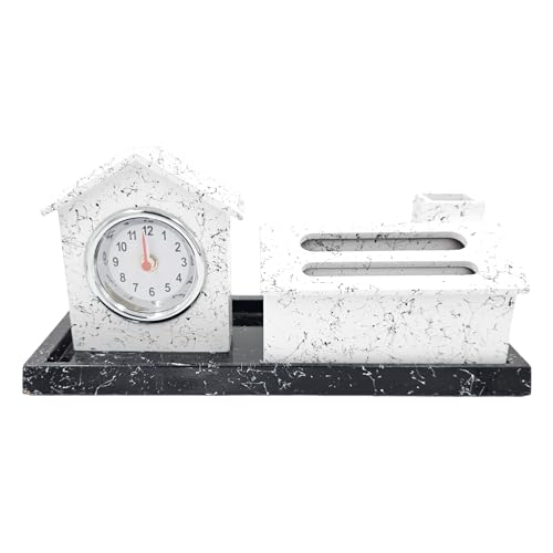 Image of WOOD HOUSE Wooden Pen Stand with Mobile Holder & 100-Year Perpetual Calendar for Office Table | Desk Organizer with New Year 2024 Calendar (White Marble Stand with Clock)
