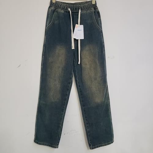 BaiRunHui Pants, Men's Loose Fit Denim Pants with Drawstring Waist – Relaxed Baggy Jeans – Elastic Waistband with Adjustable Drawcord – Casual Comfort Stretch