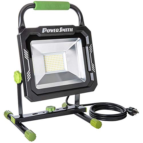 PowerSmith PWL175S 7500 Lumen LED Pro-Grade Weatherproof Tiltable Work Light with Adjustable Metal Stand, Impact-Resistant Glass Lens, Carrying Handle, and 10' Power Cord