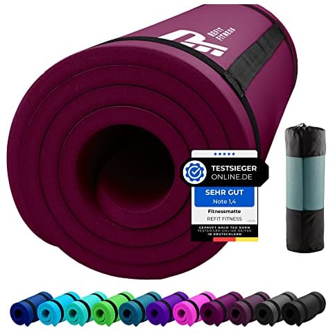 REFIT FITNESS Sportmatte Comfort-Max 190 x 60 x 1.5 cm Beere PainProtect SmartCell NBR Yogamatte rutschfest Tragegurt Gymnastikmatte Matte Cover