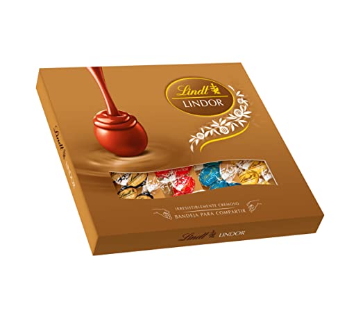 Lindt LINDOR sharing box, Surtido de bombones de distintos sabores, chocolate con leche cremoso, chocolate negro intenso, caramelo con sal y chocolate blanco, con nucleo cremoso, 400gr
