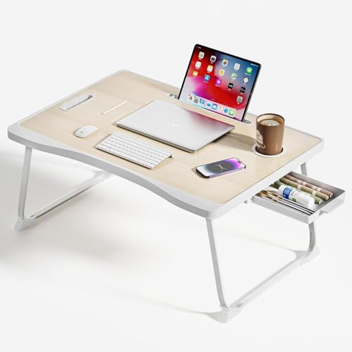 BTGGG Laptop Bed Table, Portable Lap Bed Desk with Handle, Foldable Computer Bed Table with Cup Slot & Side Drawer, Notebook Stand Breakfast Bed Tray for Bed, Sofa, Balcony,Carpet (Maple)