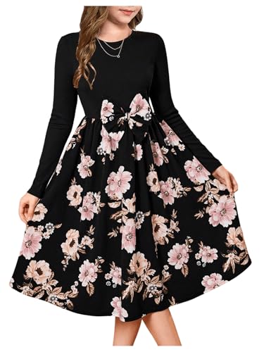 SweatyRocks Girl's Floral Print Bow Dresses Long Sleeve Crewneck A Line Vacation Dress