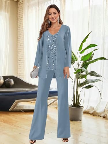 BANTRATIC 3 Pieces Mother of The Bride Pant Suits for Women Chiffon Sequin Evening Formal Wedding Guest Dressy Pantsuits4