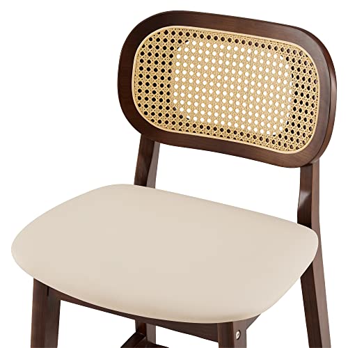 Rêvelife 25.2” Counter Height Bar Stools Set Of 3, Pu Leather Upholstered Counter Stool With Rattan Back And Solid Wood Frame Mid-Century Modern Bar Chair For Dining Room Kitchen Island, White #TOP3