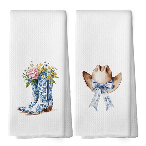 shiviody Chinoiserie Floral Cowgirls Kitchen Towels - Western Boots Hats Dish Towels, Blue and White Coquette Bow Decorative Absorbent Dishcloths Hand Towels for Bathroom Decor 16x24 Inches