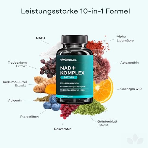 Green Lab NAD+ Komplex 1200 mg – Extra Starkes Liposomal NMN-Alternative Supplement mit Resveratrol, CoQ10, Alpha-Liponsäure, Astaxanthin – Für Frauen & Männer – Energie, Zellschutz & Anti-Aging