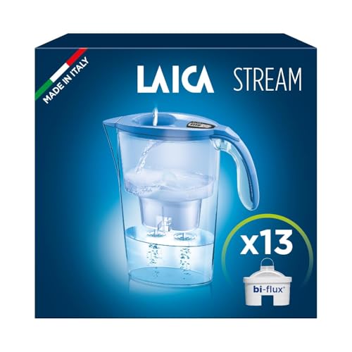 LAICA Stream Line Water Filter Jug & 13 bi-flux Water Filter Cartridges Blue 2.3L - Digital Timer, Easy Fill Design, BPA Free, Dishwasher Safe - Preserves Minerals, Removes Impurities - Made in Italy