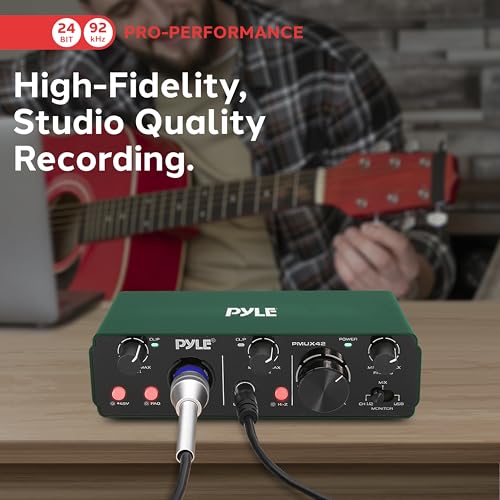 Image of Pyle USB Audio Interface for Recording Music, Podcasting, and Streaming - 2-IN /2-OUT, 24bit /192kHz, Low-Noise, High-Fidelity Studio Quality, USB Powered, Rugged Metal Chassis, 5.9 inch x 4 inch x 1.8 inch