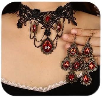 Missgrace Boho Punk Black Tassels Red Crystals Lace Choker Necklaces Earrings Set Gothic Accessories Halloween Gothic Punk Black Beads Necklace Earrings Set for Women