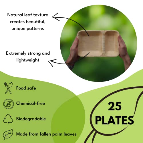 Naturally Chic Palm Leaf Plates - 9X6 Inch Rectangle 2-Compartment - Bamboo Like, Eco Friendly, Disposable, Compostable And Biodegradable Plates For Weddings, Parties And Events - 25 Pack #TOP1