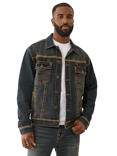 True Religion Men's Super T Flatlock Trucker Jacket – Contrast Stitch Denim Jacket with Logo