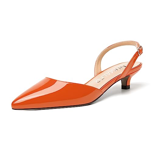 NUMALEO Womens Buckle Stylish Party Pointed Toe Backstrap Fashion Patent Kitten Low Heel Pumps Shoes 1.5 Inch