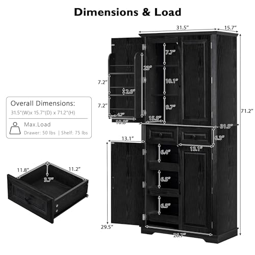 Image of Ball & Cast 71″Tall Farmhouse Kitchen Pantry Cabinet with 3 Pull Out Shelves & 2 Large Drawers,Versatile Pantry Storage Cabinet w / 6 Door Shelf & Adjustable Shelves for Kitchen,Dining Room,Black
