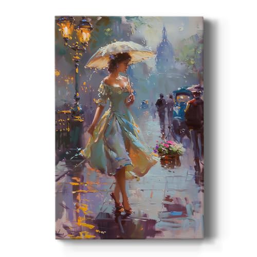 Renditions Gallery Canvas Artwork Home Decor Woman with Parasol Walking through Evening Busy Street Wall Decor Paintings & Prints for Bedroom Office Kitchen - 32" X 48" LT565