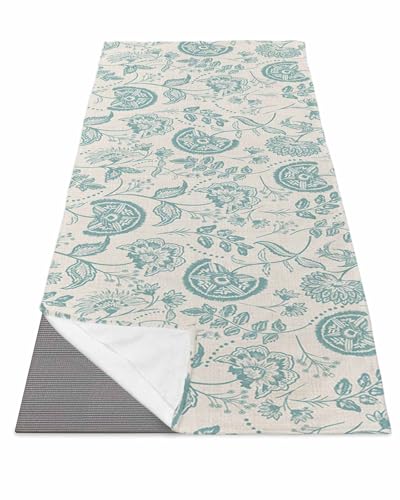 BOSIJOY Yoga Mat Towel,Ethnic Pastoral Turquoise Flower Non Slip Sweat Absorbent Hot Yoga Towels with Corner Pockets,Abstract Floral Plant on Flax Soft Microfiber Towel for Pilates Bikram 74